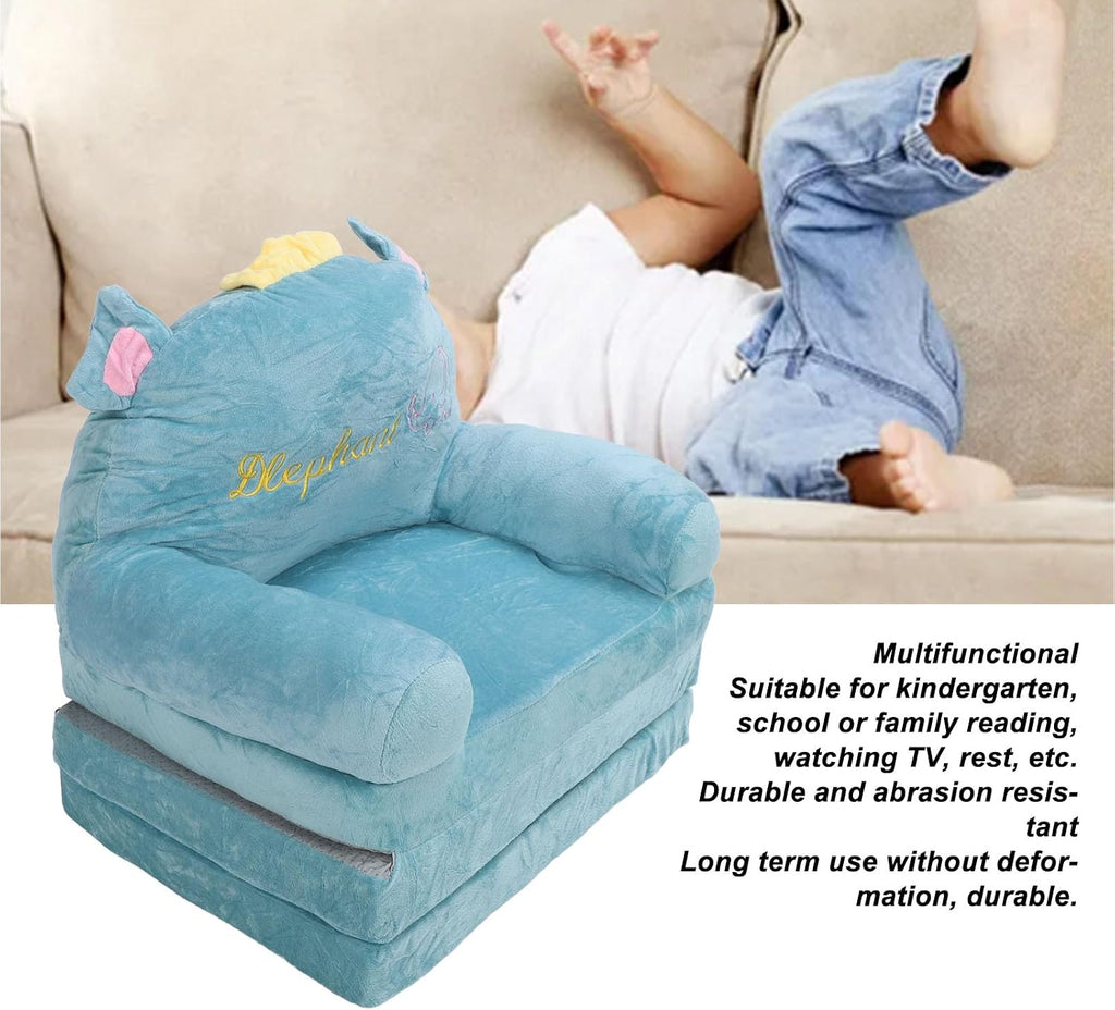 Foldable Kids Sofa, 2 in 1 Open Couch Sleeper for Children, Elephant Embroidery Pattern Comfy Sponge Sofa with Lightweight Portable Design for Bedrooms and Playrooms (Folding in Thirds)