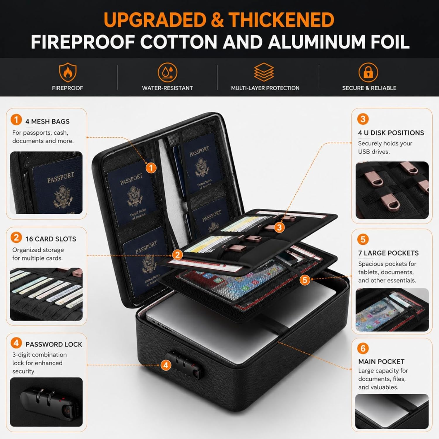 Fireproof Document Box with Lock, 8-Layer Waterproof Fire Resistant Safe Box, Upgraded Heat Insulated Storage Box, Portable Home Travel Organizer for Files, Certificates & Valuables - Black（Soft）
