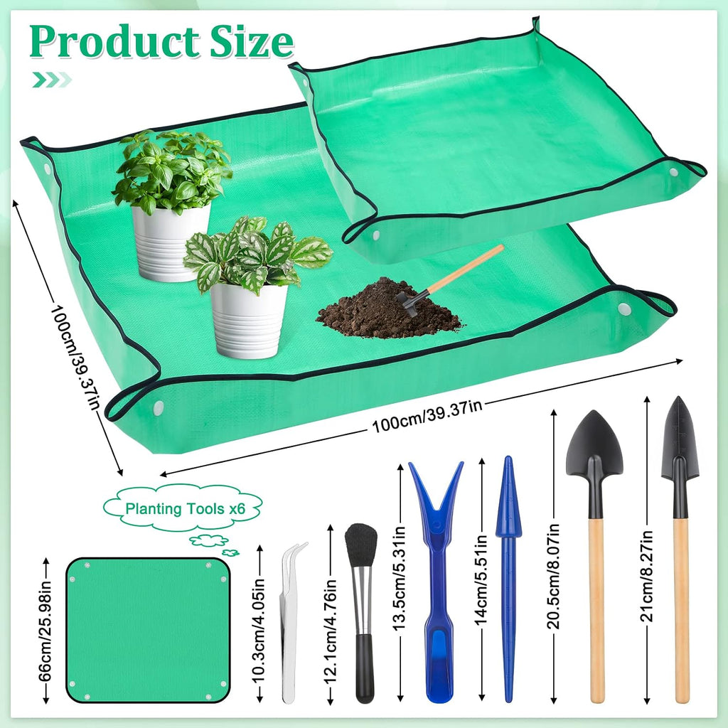 Plant Repotting Mat for Garden, 2 Pcs Waterproof Potting Mat Foldable Indoor Plant Mats Portable Square Gardening Mat Potting Tray with 6 Pcs Mini Garden Tools Set for Plant Lovers Gardening Gifts