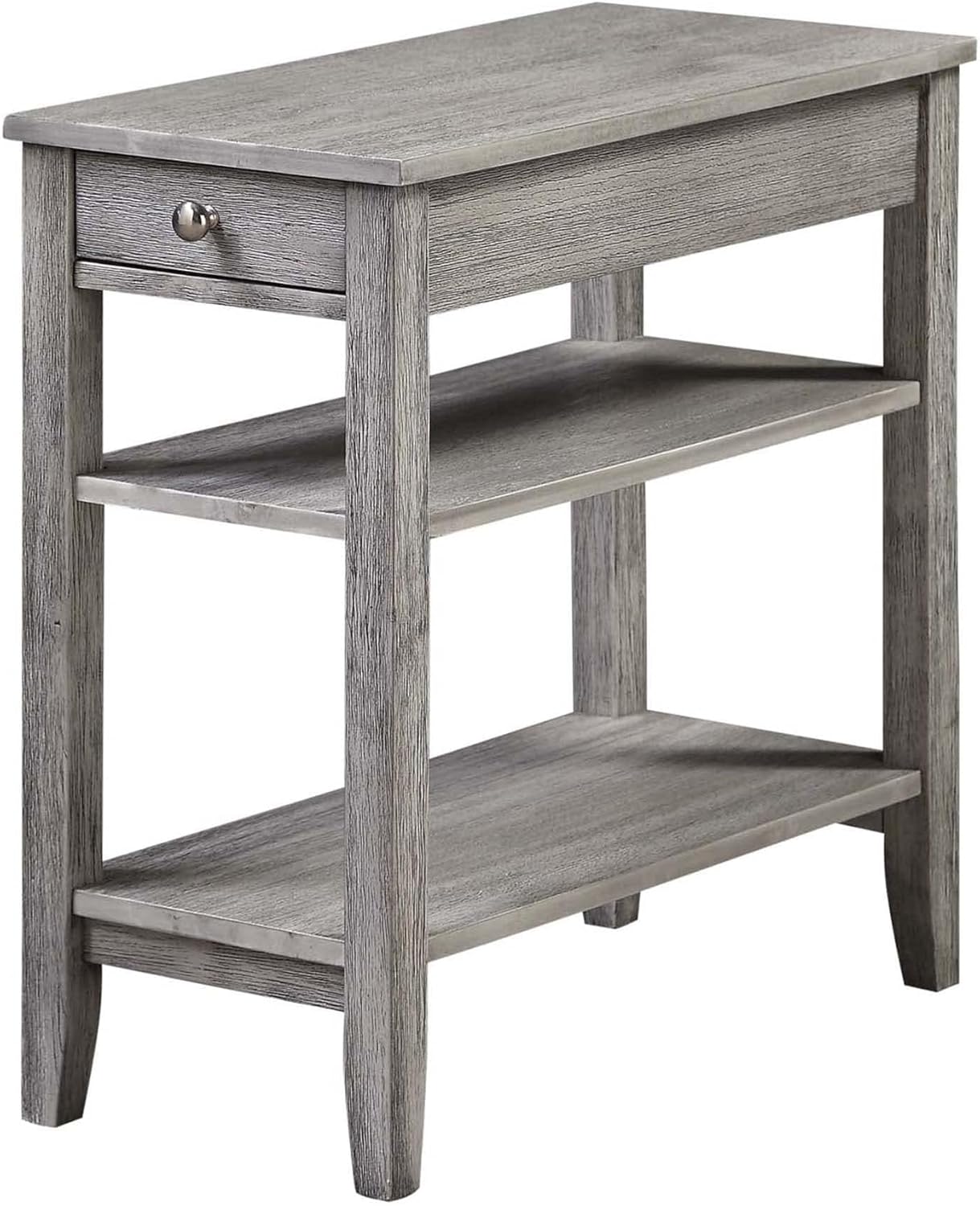 Pemberly Row Three Tier End Table with Drawer, Gray Wood Finish, 23.5 x 11.25 x 24 in, Hidden Storage, Middle and Bottom Shelf, Durable Accent Table for Living Room or Bedroom Decor