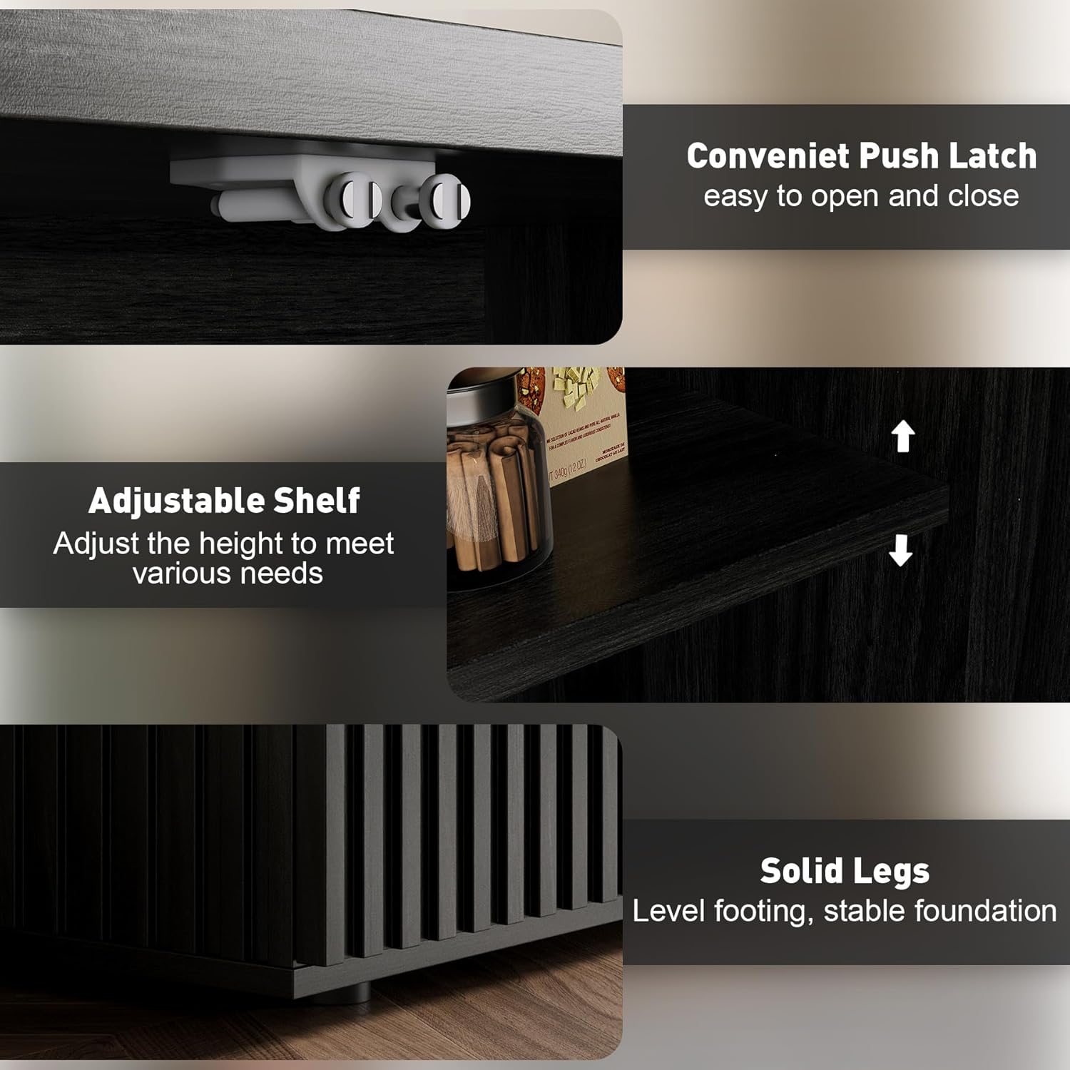 Rophefx Fluted Sideboard Cabinet, 63" Buffet Cabinet with Storage, Credenza Storage Cabinets with Adjustable Shelf, Wood Entryway Cabinets with Pop-up Doors for Living Room, Entryway, Black Grey