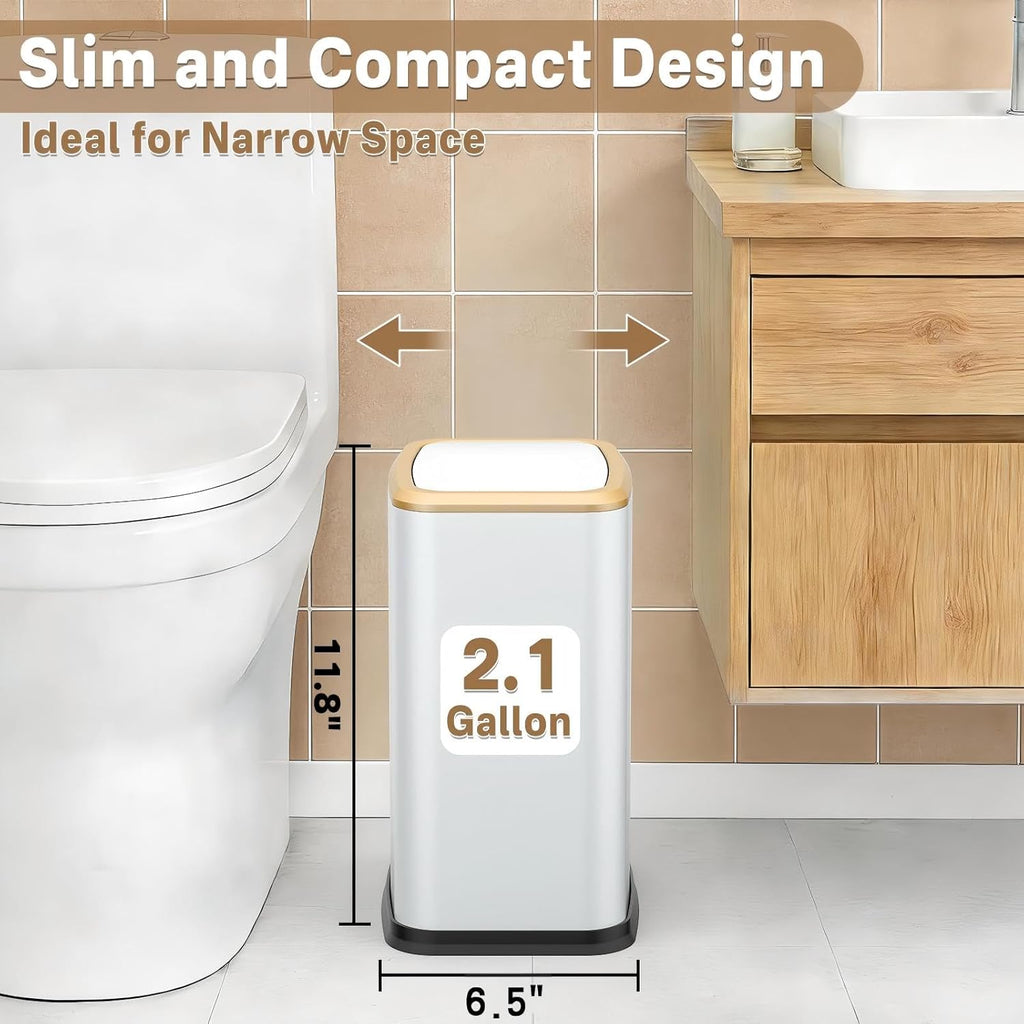 2.1 Gal Slim Bathroom Trash Can with Swing Lid, Rustproof Stainless Steel Small Garbage Can for Narrow Spaces & Toilet Side, Dog Proof Odor Control Waste Basket for Bedroom/Office, White