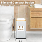 2.1 Gal Slim Bathroom Trash Can with Swing Lid, Rustproof Stainless Steel Small Garbage Can for Narrow Spaces & Toilet Side, Dog Proof Odor Control Waste Basket for Bedroom/Office, White