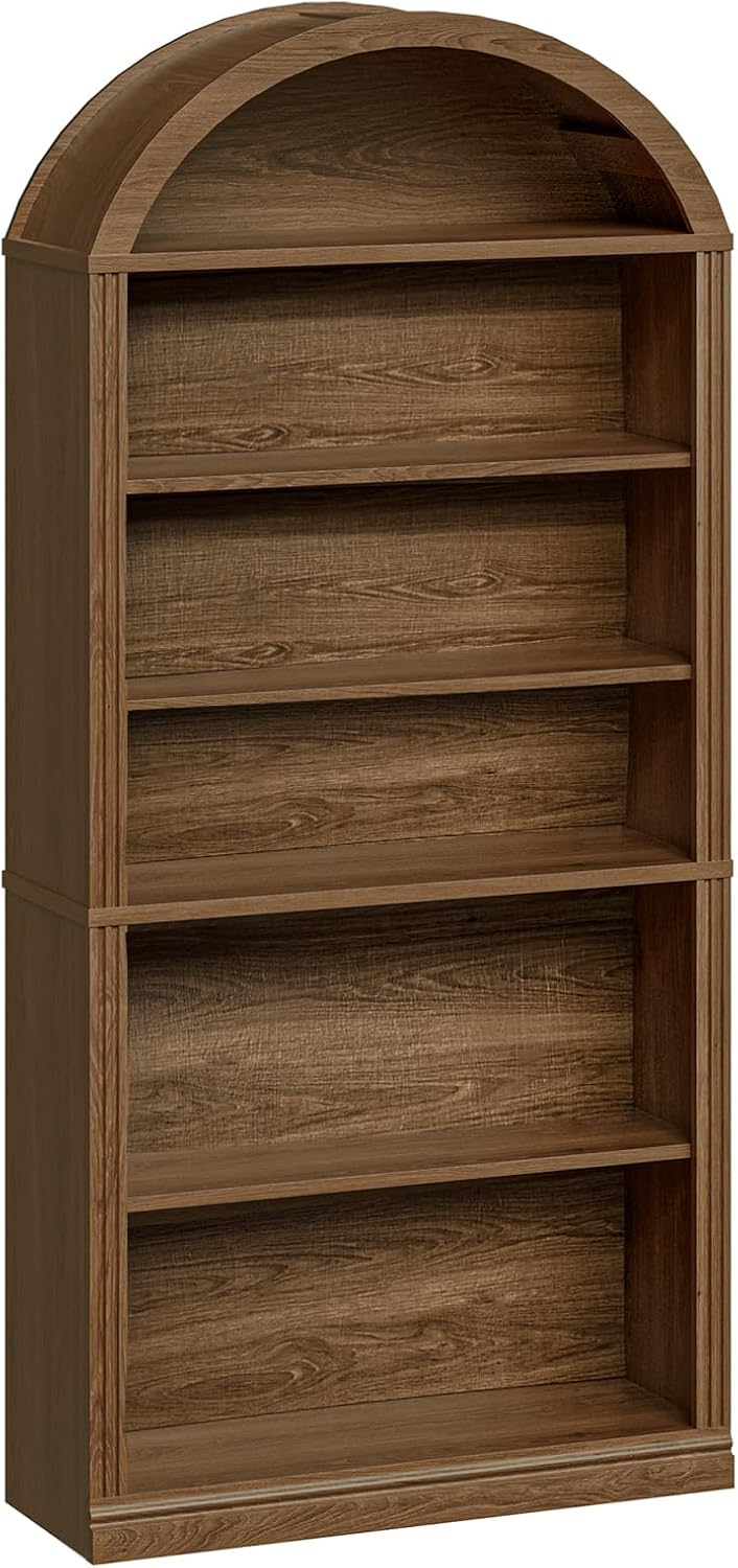 RALGEND Arched Bookshelf, 75.8" Tall Arch Bookcase with Storage, 6-Tier Farmhouse Book Shelf, Arched Cabinet, Wooden Bookshelf with Open Display Shelves, Adjustable Shelf, Office, Walnut