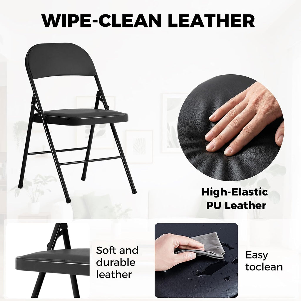 6 Pack Black Folding Chairs with Padded Seats,Portable & Stackable Dining Chairs Sets with Steel Frame, Portable Folding Chairs for Outside, Office Events, Weddings, Pu Leather