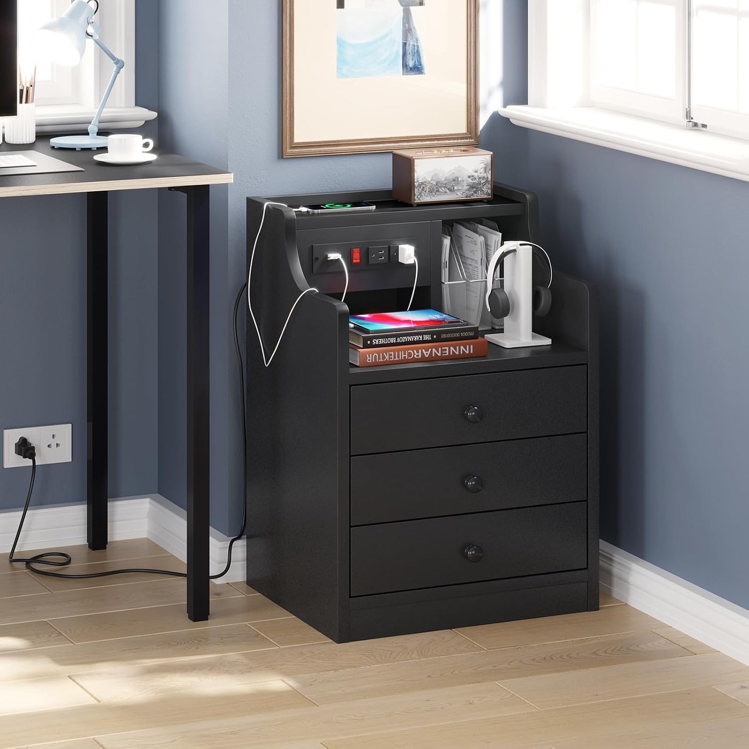 ADORNEVE Black Nightstand with Charging Station & Drawers | Night Stand for Bedroom,End Table with Hutch & 3 Storage Drawers