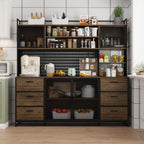 Wood Color 70.9" Kitchen Pantry Cabinet with Microwave Stand Hutch 70.9" w Blue Metal Natural Finish