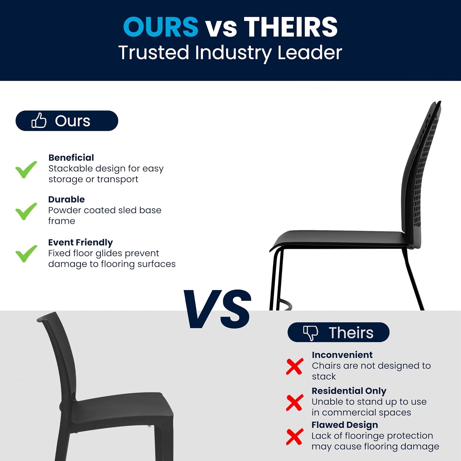 EMMA + OLIVER Home and Office Black Sled Base Stack Chair with Air-Vent Back - Guest Chair