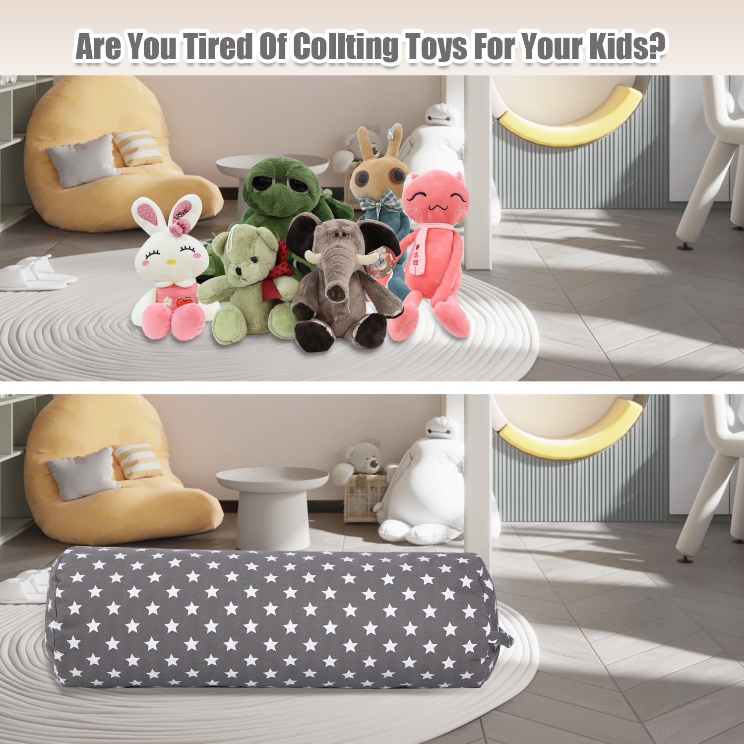 Stuffed Animal Storage Bean Bag Chair Cover (No Filler), Cylinder Plush Toy Storage Stuff and Sit Seat for Kids Boys and Girls, Canvas Large Soft Sit & Play Sofa with YKK Zipper