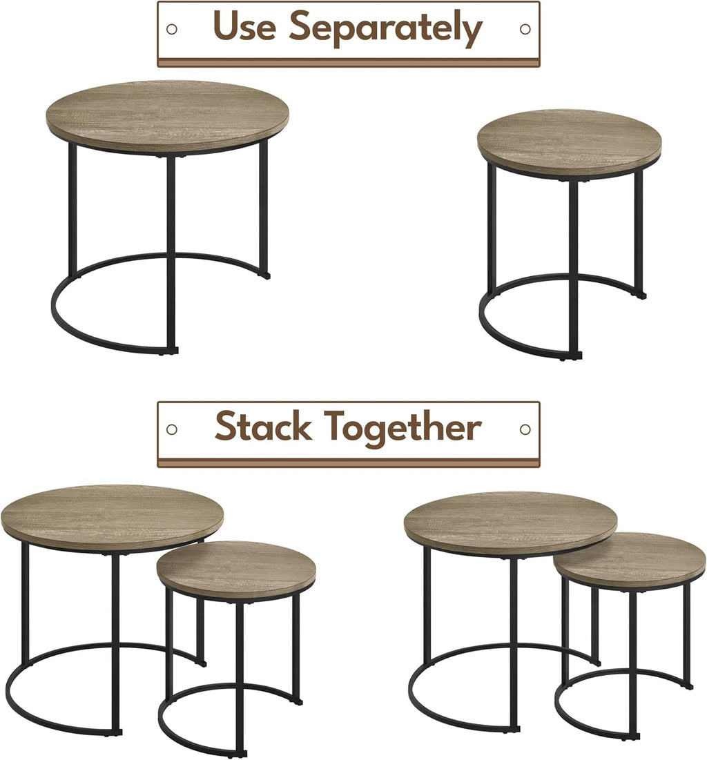 Yaheetech Nesting End Table Set of 2, Rustic Stacking Side Tables, Round Wooden Tabletop and Sturdy Metal Base for Living Room, Tea Room, Small Space, Gray | Nesting Table