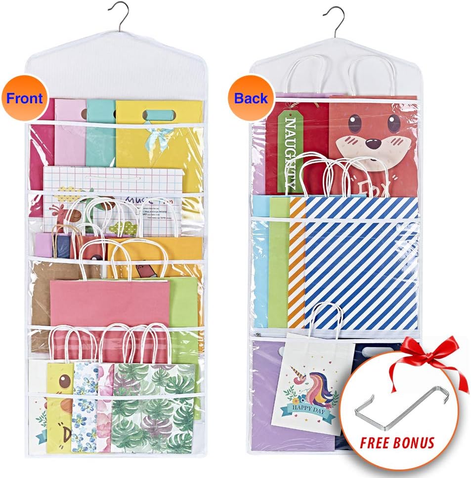 Gift Bag and Tissue Paper Storage, Hanging Organizer with Multiple Front and Back Pockets Double Sided, Organize Gift Wrap and Paper Bags 38 x 16 Inch (White)
