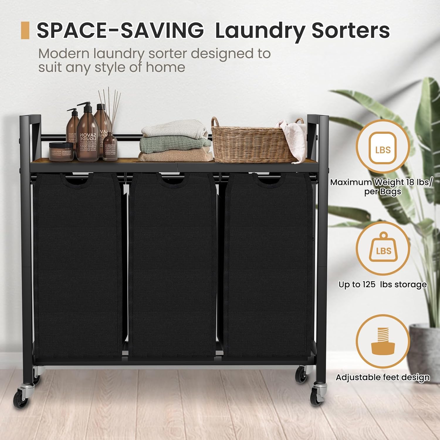 SwaaVee Laundry Sorter, Laundry Hamper 3 Section, 3×11.4Gal, Metal Frame Rolling Laundry Basket with Wooden Top Shelf, Pull out and Removable Laundry Bags, 3 Bags-Black