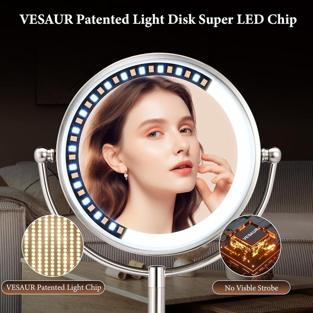 Professional 8.5" Large Lighted Makeup Mirror with Brighter Lights, 1X/10X True HD Magnifying Mirror with 3 Color Dimmable Lights, 90 Shadowless LEDs, 360°Swivel Seamless Vanity Mirror, Pearl Nickel
