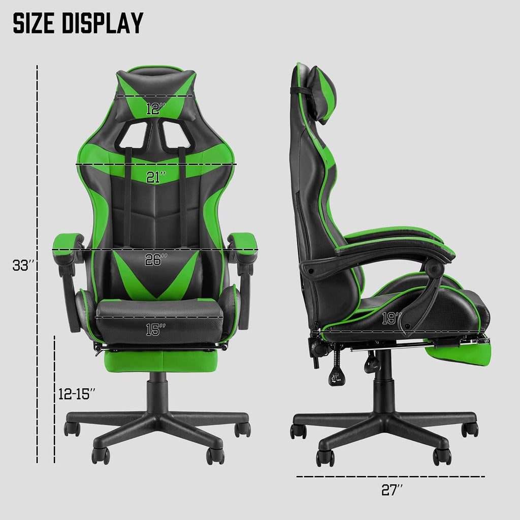 Huracan Gaming Computer Chair with Footrest, Adjustable Video Game Chairs for Adults, Heavy Duty Office Chair with Headrest and Lumbar Support, Green