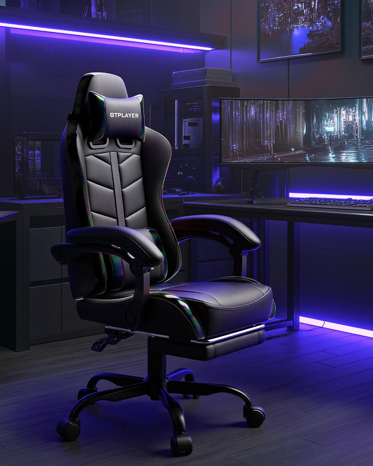 GTPLAYER Gaming Chair, Ergonomic Computer Office Chairs for Adults with Footrest, Height Adjustable, Linkage Armrests, 90-155° Recline & Headrest Lumbar Support, Black