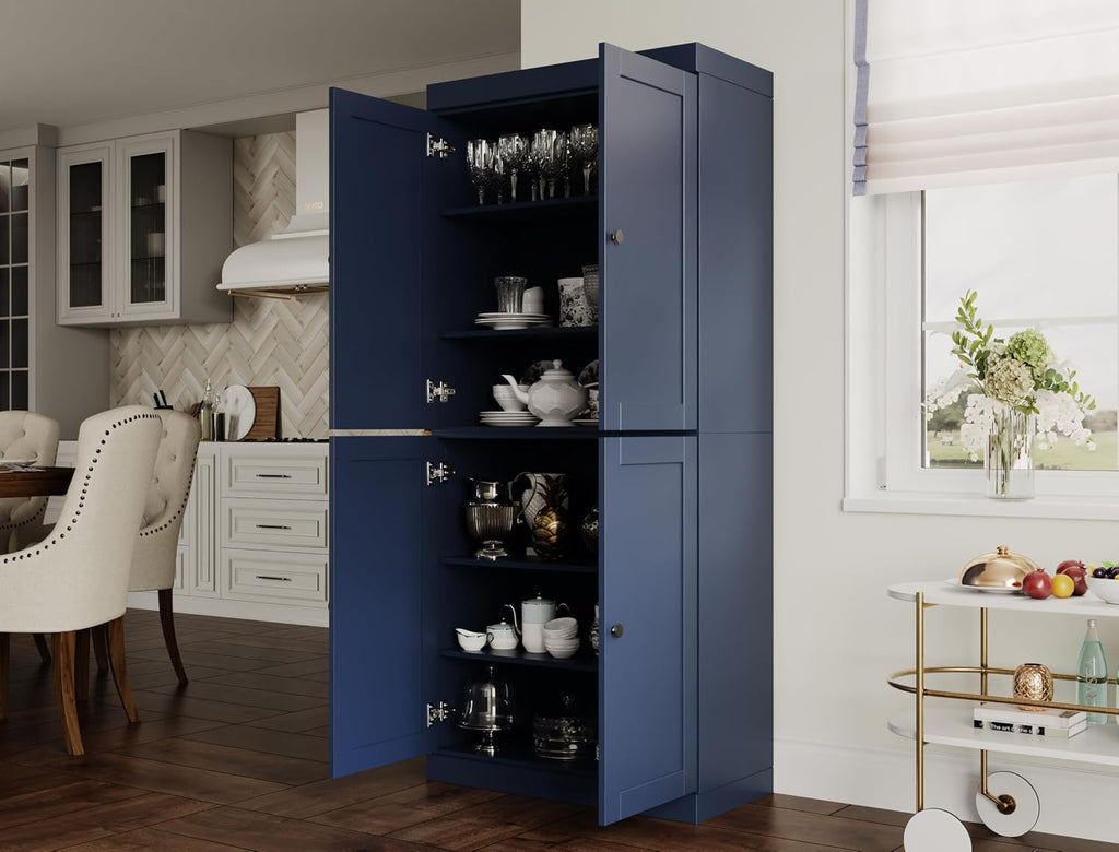 Palace Imports Solid Wood Kitchen Pantry Cabinet - 71.5" Tall x 32" W - Wooden Storage Cabinet with 4 Shaker Doors & 4 Adjustable Shelves, Navy Blue, 100% Renewable Eco-Friendly Wood, Made in Brazil