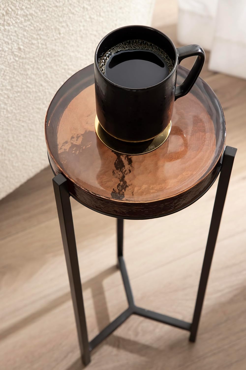 Kate and Laurel Aguilar Modern Drink Table, 9 x 9 x 23, Amber Glass and Black, Unique Round Glass Mini Table for Use as Bathroom Accent Table or Pedestal Martini Table