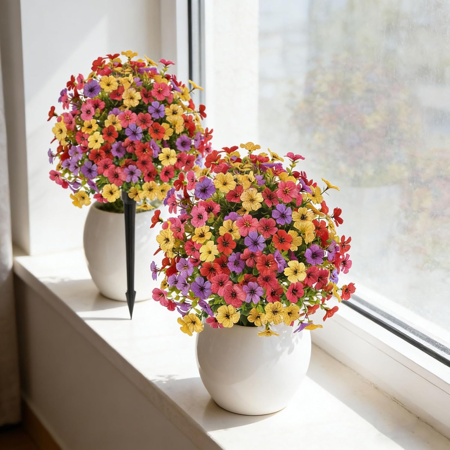 Outdoor Artificial Flowers Fake Plants, Artificial Topiary Balls with Ground Spikes, UV Resistant, Mix 4 Colors, 2 Pack, 20 inch, Garden Porch Patio Gravesite Indoor Decor
