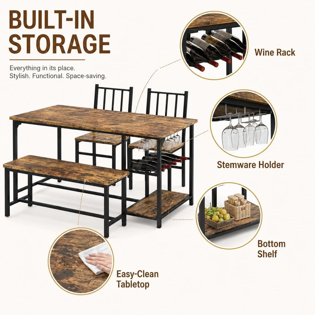 Dining Table Set for 4 with Bench, 55" Kitchen Table and Chairs Set with Wine Rack, Glass Holder & Storage Shelves, Space Saving Dining Room Table Set for Small Kitchen, Apartment, Rustic Brown