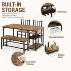 Dining Table Set for 4 with Bench, 55" Kitchen Table and Chairs Set with Wine Rack, Glass Holder & Storage Shelves, Space Saving Dining Room Table Set for Small Kitchen, Apartment, Rustic Brown