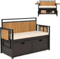 Outdoor Storage Bench, Outside Cushioned Loveseat Seating with Acacia Wood Backrest, 2 Folding Side Tables & 2 Doors, PE Rattan Deck Box for Patio Cushions, Garden Tools & Pool Supplies