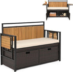 Outdoor Storage Bench, Outside Cushioned Loveseat Seating with Acacia Wood Backrest, 2 Folding Side Tables & 2 Doors, PE Rattan Deck Box for Patio Cushions, Garden Tools & Pool Supplies