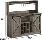 4ever2buy Farmhouse Coffee Bar Cabinet with 8 Hooks, 55” Kitchen Hutch Cabinet with Storage, Gray Coffee Bar with Sliding Barn Doors and 12 Racks for Living Dining Room, Wash Gray
