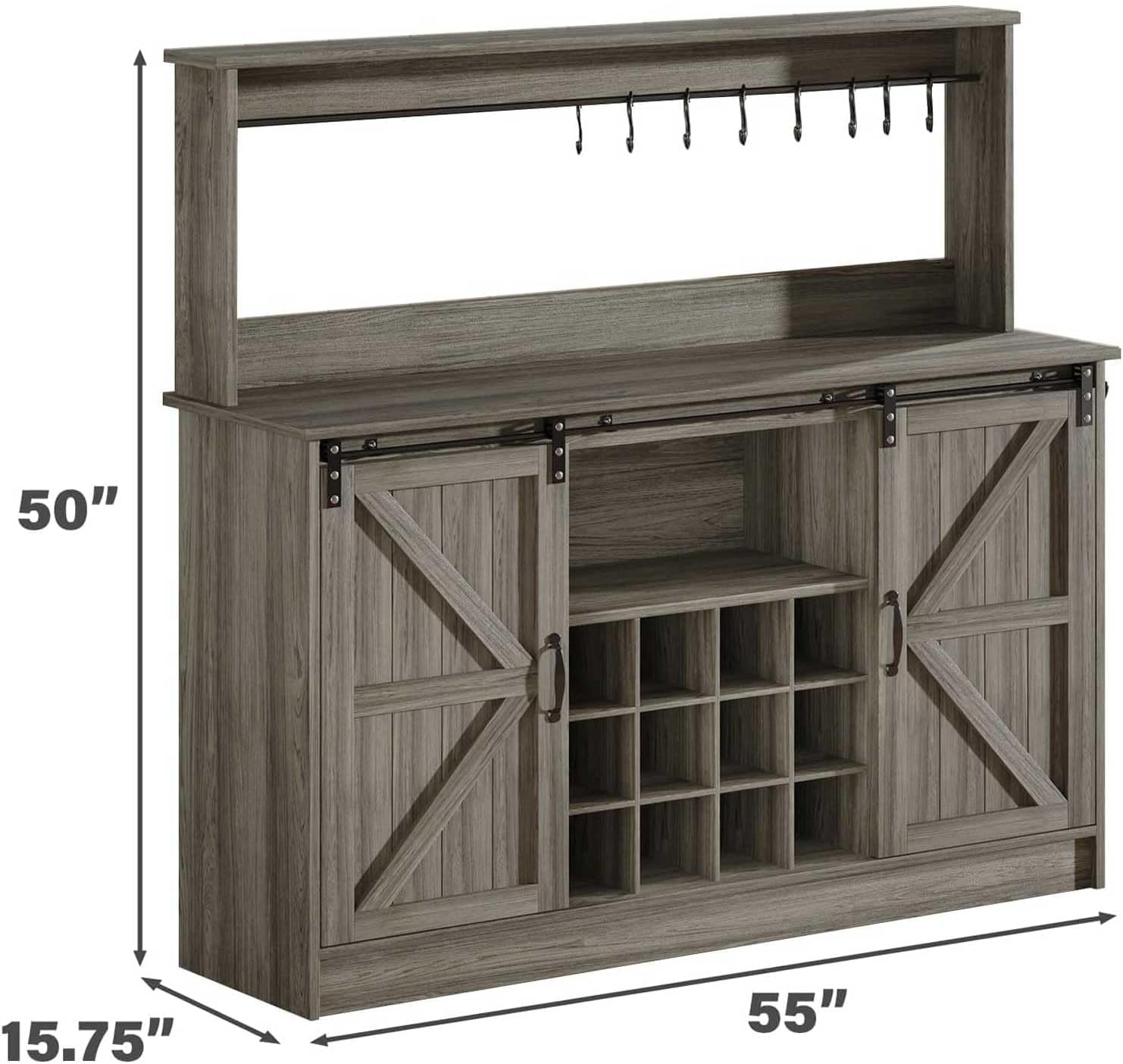 4ever2buy Farmhouse Coffee Bar Cabinet with 8 Hooks, 55” Kitchen Hutch Cabinet with Storage, Gray Coffee Bar with Sliding Barn Doors and 12 Racks for Living Dining Room, Wash Gray