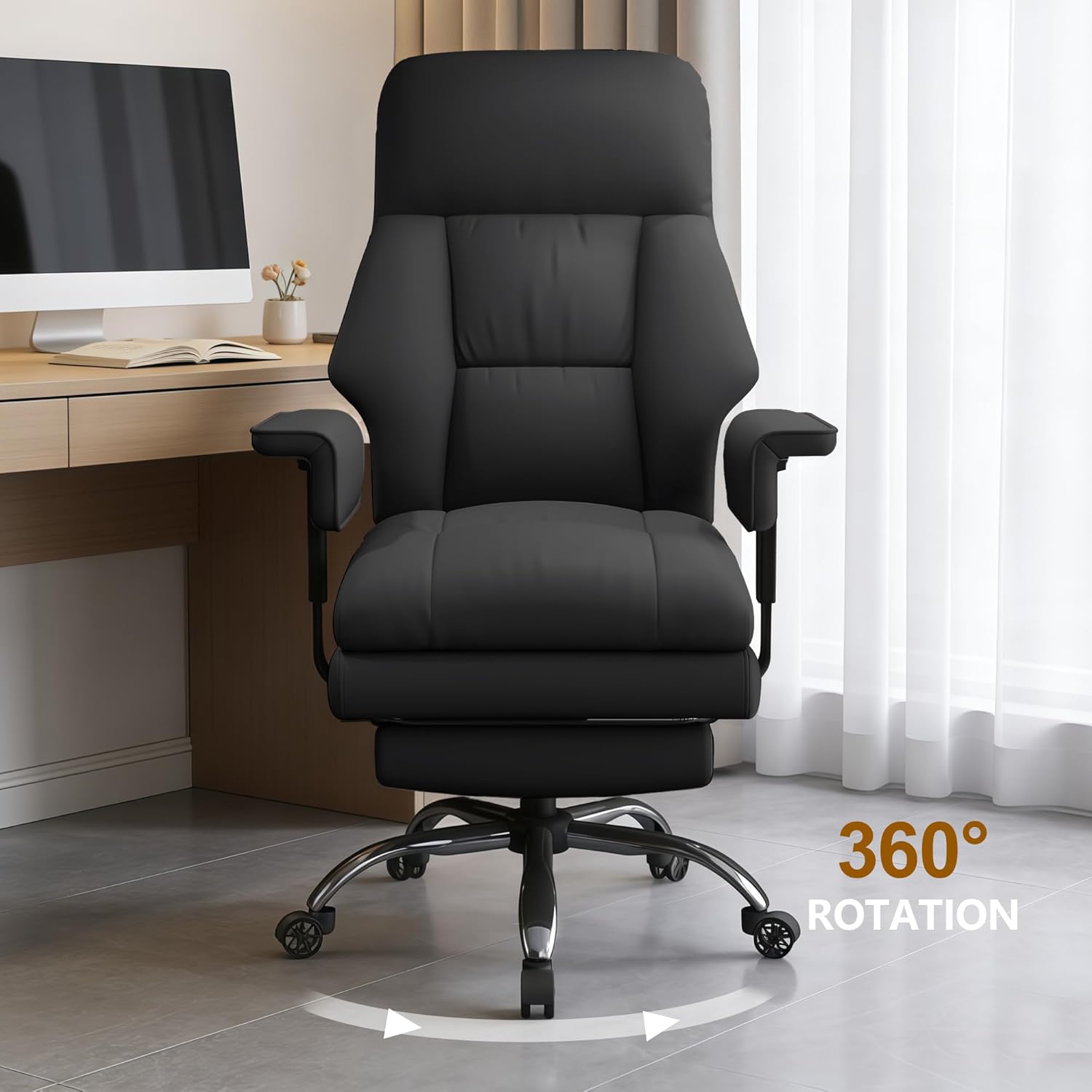 Executive Office Chair with Wheels PU Leather Ergonomic Desk Chairs with Foot Rest High Back Computer Gaming Chairs for Home Office