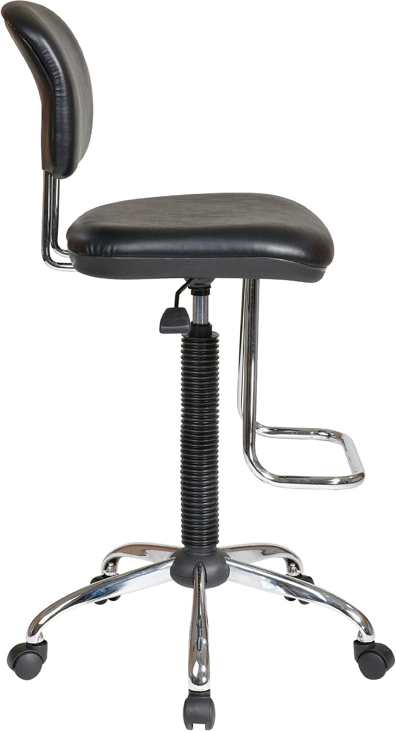 Office Star DC Series Pneumatic Drafting Chair with Vinyl Stool and Back, Heavy Duty Chrome Teardrop Footrest, Black