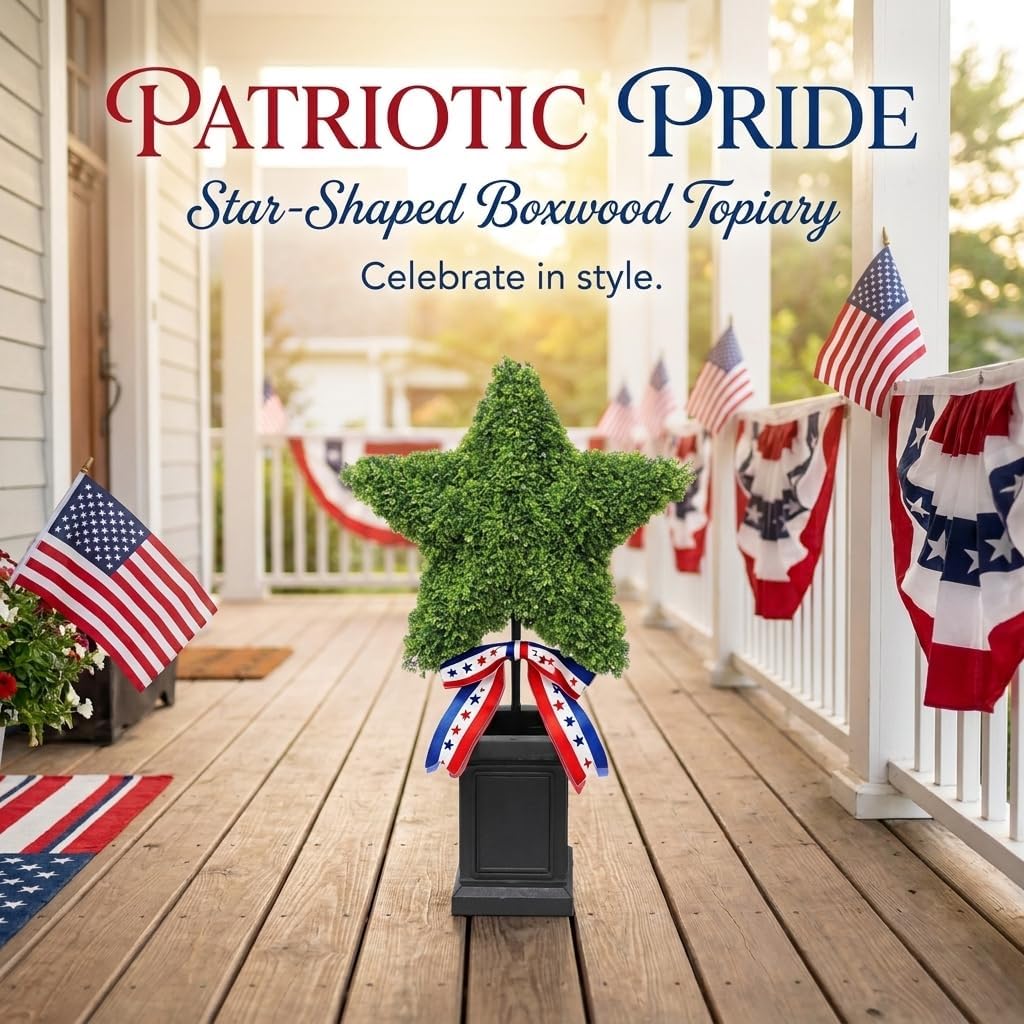 Patriotic Star Topiary Tree, Artificial Boxwood, 4th of July Memorial Day Indoor Outdoor Centerpiece Decor (Large)