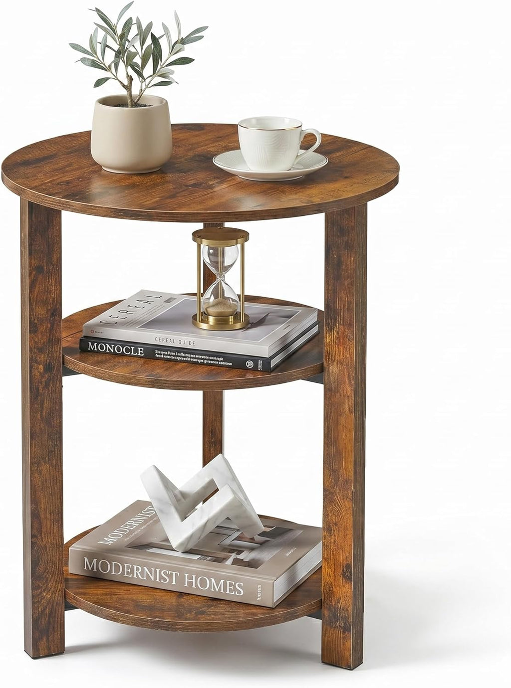 Farmhouse 3-Tier Round Side Table, 17.7*21.7inch End Table with Open Storage Shelf, Circular Nightstand Accent Table for Living Room, Bedroom,Wooden Table for Narrow and Small Spaces,Rustic Brown