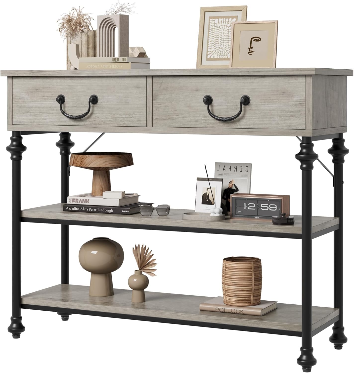 IDEALHOUSE 39'' Narrow Console Table with 2 Drawers, Farmhouse Sofa Table, Behind Couch Table with 2 Tier Storage Shelves, Entryway Table for Living Room, Hallway, Entrance, Foyer, Grey