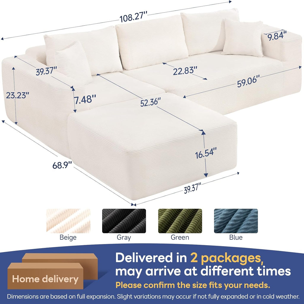 Brage Living 2026 New 108" Cloud Sectional Couch, Comfy Boneless Modular Sectional Sofa with Deep Seat, Sofa Couch with L-Shaped Chaise for Living Room, No Assembly Required (Beige, with Ottoman)