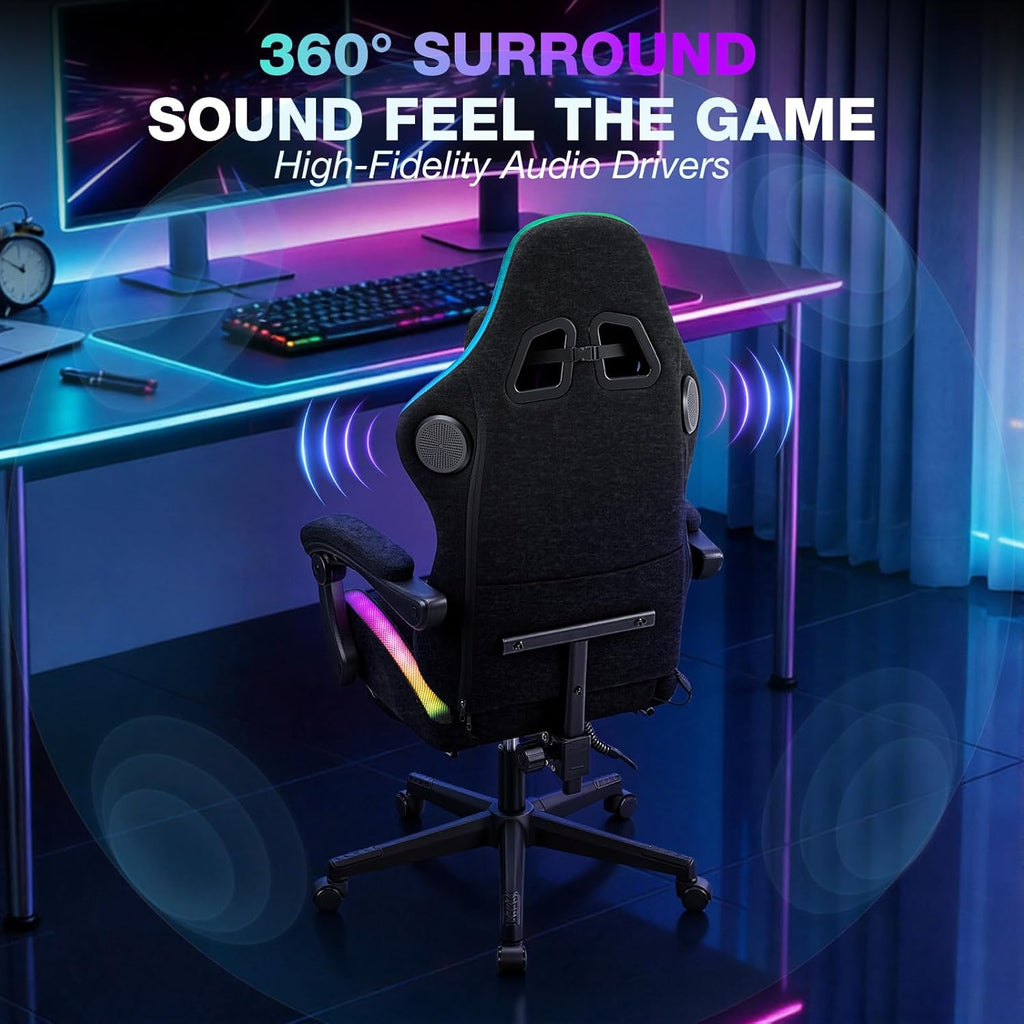 HOFFREE RGB Gaming Chair with Music Rhythm LED Lights and Bluetooth Speakers Fabric Ergonomic Game Chair 155° Reclining Computer Chair with Footrest Video Game Chairs for Adults Gaming & Office Black