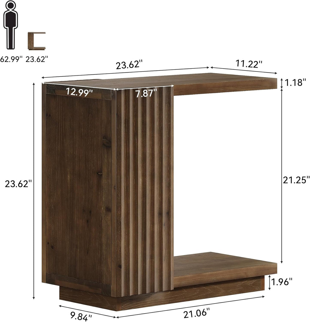Solid Wood Side Table, C Shaped Narrow Sofa End Table with Fluted Panels and Storage Shelf, Space-Saving Small Nightstand for Small Spaces, Living Room, Bedroom, Vintage Brown