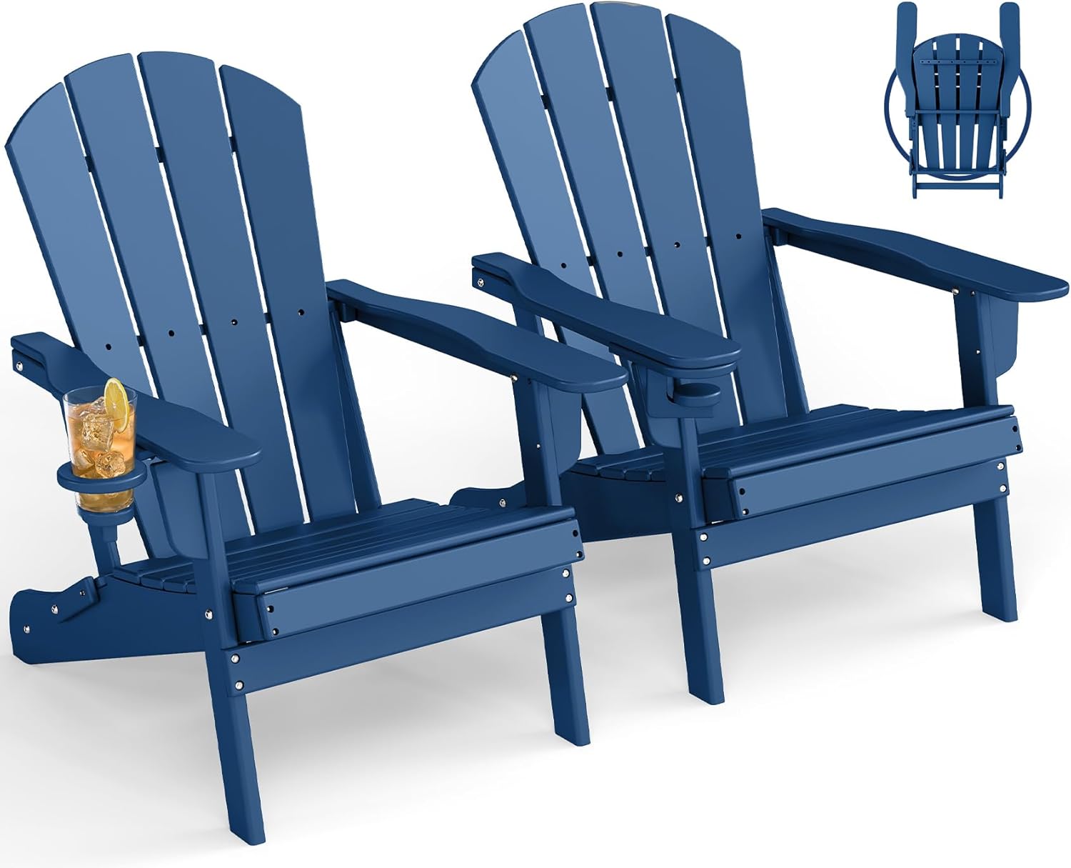 GREENVINES Folding-Adirondack-Chairs-Set-of-2 | w/Cup Holder | HDPE Plastic | All-Weather Patio Fire Pit Chairs | for Outdoor Poolside Deck | Blue