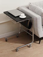 C-Shaped End Table, Movable Side Table for Couch, Sofa Table with Wood Top and Chrome Frame for Living Room, Bedroom, Bedside, Four Flexible Wheels, Black and Silver