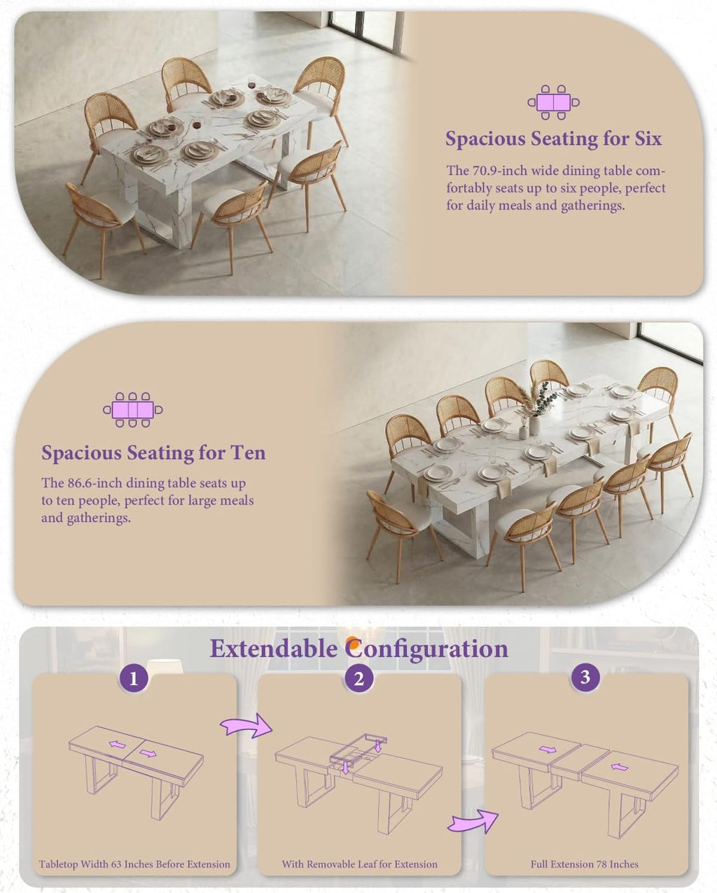 TYBOATLE 71''-87'' Extendable Dining Table Set for 6, Farmhouse Wooden Dining Room Table Set, 7 Piece Dinner Table Set with Upholstered Rattan Dining Chairs (White & White 71''-87''- 6 Chairs)