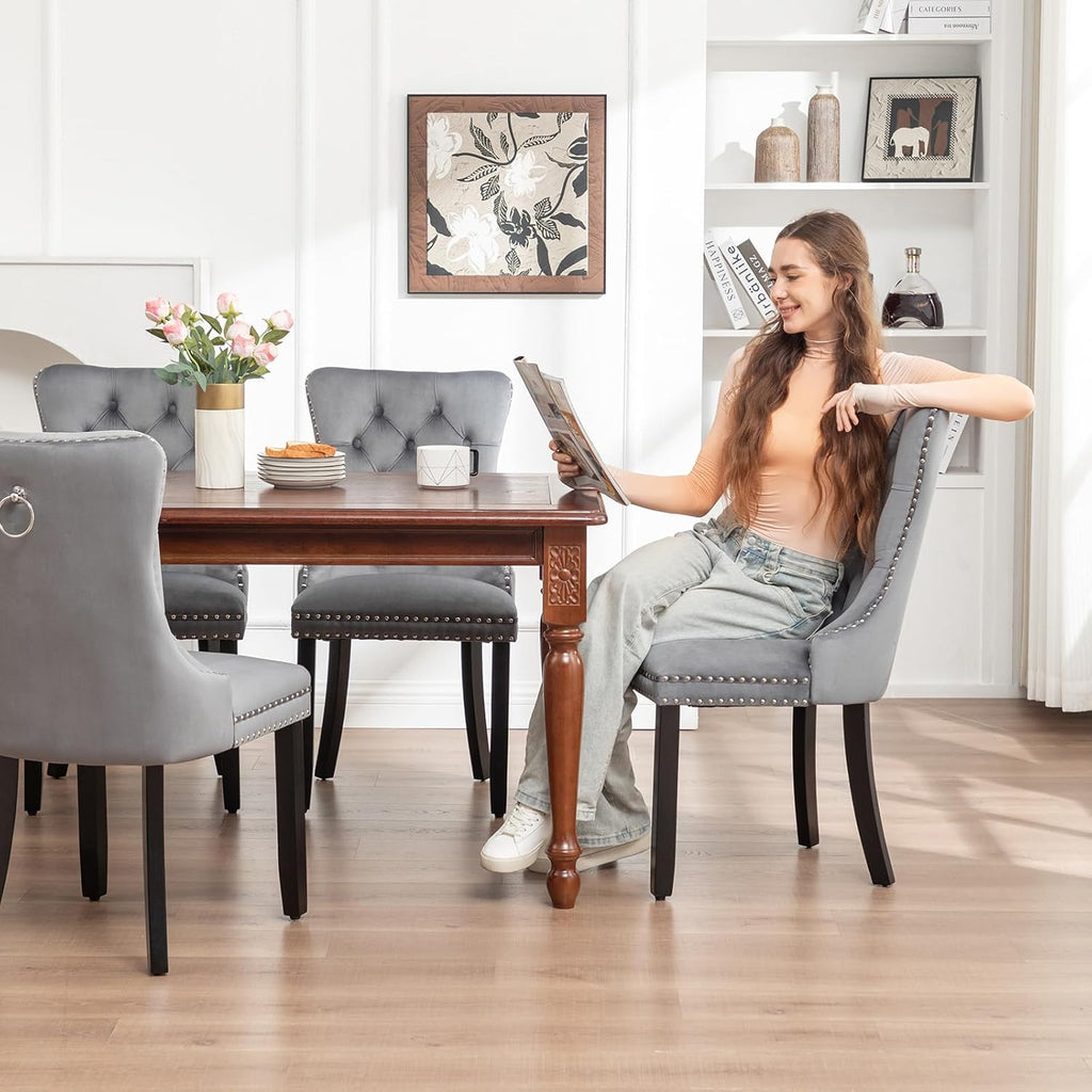 Hixkol Velvet Dining Chairs Set of 2,Upholstered Dining Chairs with Ring Pull Trim and Button Back,Modern Seating for Kitchen, Dining Room & Living Room(Grey)