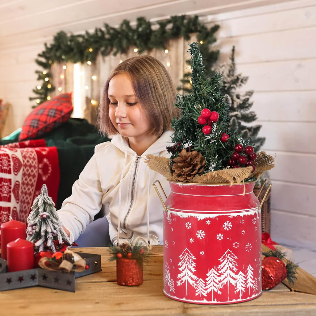 Putuo Decor Large Metal Milk Can with White Winter Forest Snowflake Design Rustic Farmhouse Holiday Vase with Gold Handles Vintage Christmas Décor for Festive Centerpieces Home Accents (Red)