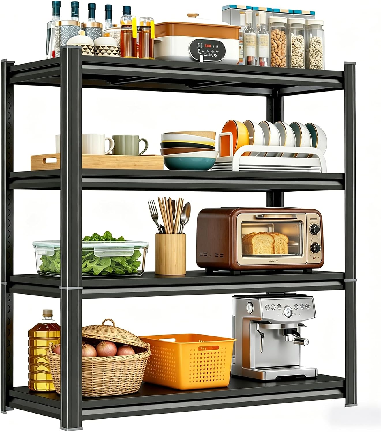 Kitchen Pantry Storage Shelves, 5-Tier Heavy Duty Metal Shelving Unit, Black Adjustable Deep Shelf Organizer for Pots, Pans, Food, and Pantry Items (4-35" W X 14" D X 44" H)