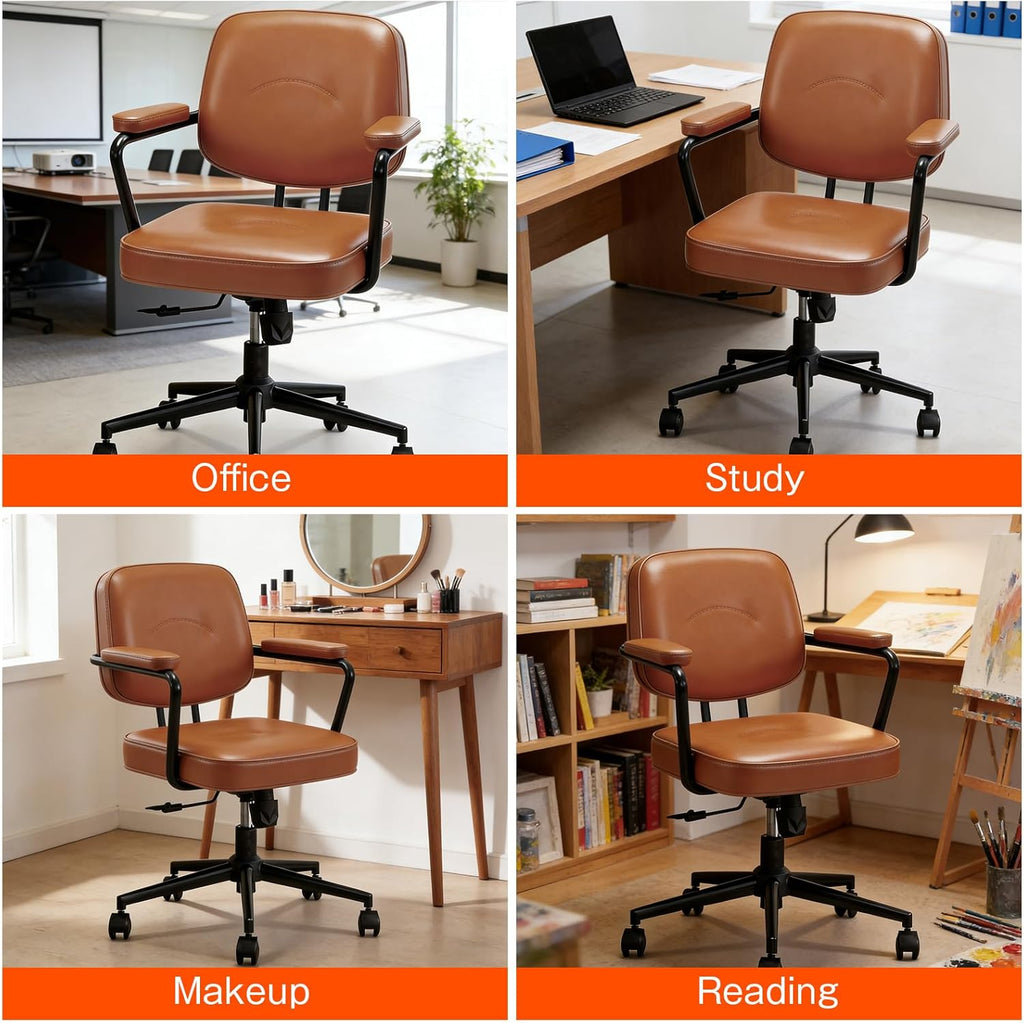 Home Office Chair, Ergonomic Desk Chair with Lumbar Support, Adjustable Height Rolling Swivel Task Chair with Armrests, PU Leather, for Meeting,Study Room （Brown）