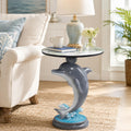 Dolphin Side Table, 25.98 in Animal End Table, Round Marble-Look Top, Hand-Painted, Auto-Grade Finish, Durable and Easy Clean