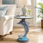 Dolphin Side Table, 25.98 in Animal End Table, Round Marble-Look Top, Hand-Painted, Auto-Grade Finish, Durable and Easy Clean