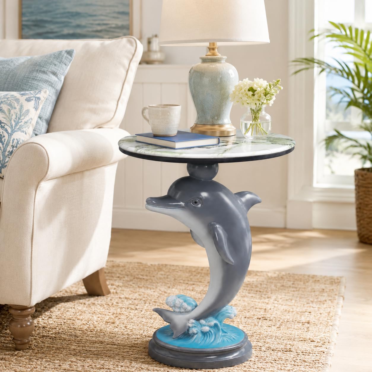 Dolphin Side Table, 25.98 in Animal End Table, Round Marble-Look Top, Hand-Painted, Auto-Grade Finish, Durable and Easy Clean