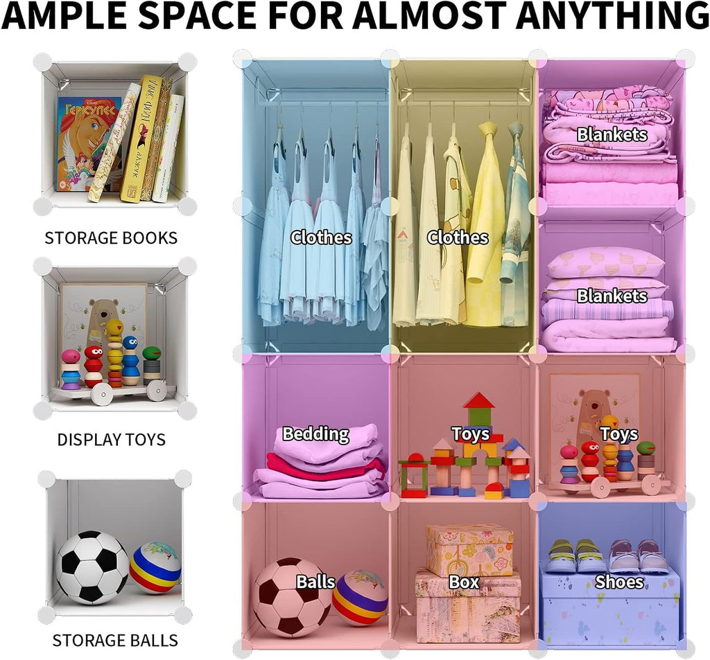 VIPZONE Baby Closet,Dresser, Kids Closet Organizers, Portable Kids Wardrobe for Closet, Bedroom, Nursery, Cubby, Cabinet, Clothes, Dress, Baby Storage Shelf, Armoire Clothes Hanging (12 Cube, White)