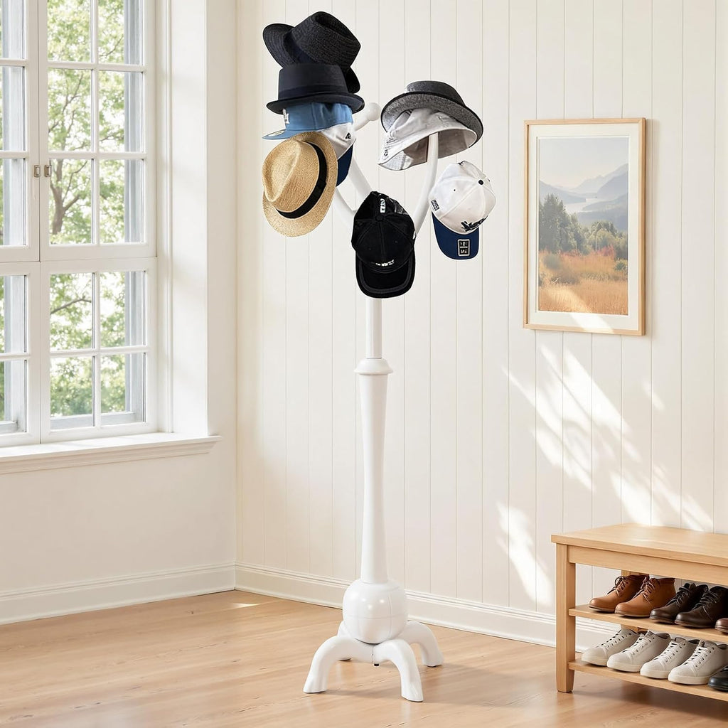 Wooden Coat Rack Freestanding Coat Tree with 8 Hooks, White | Stable Sphere Base, Heavy Duty Standing Coat Hanger for Entryway, Hallway, Bedroom, Coats, Hats, Bags