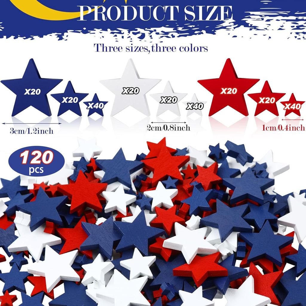 Bucherry 120 Pcs 4th of July Patriotic Wood Stars Red White Blue Crafts 250th Anniversary Independence Memorial Veterans Day DIY Craft Vase Bowl Filler Table Tiered Tray Decoration (0.4,0.8,1.2 Inch)