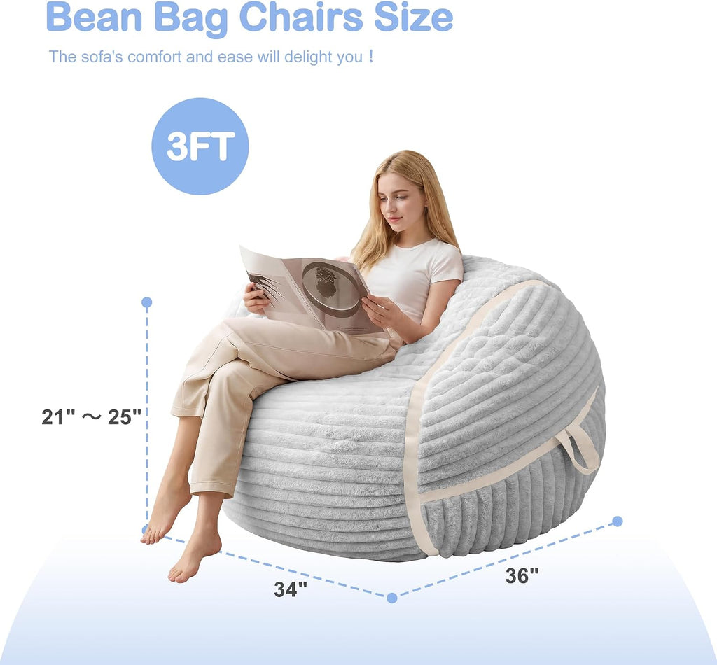HABUTWAY Bean Bag Chair 3FT Big Bean Bag Chairs for Adults with Memory Foam Filled,3'Beanbag Chair with Soft Faux Fur Cover,Comfy Bean Bag Sofa for Classroom,Living Room,Bedroom-Light Grey&White